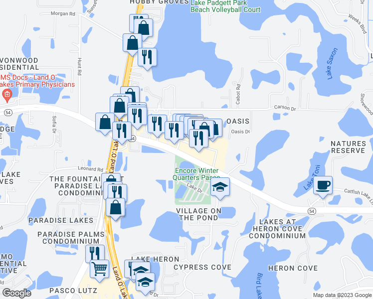 map of restaurants, bars, coffee shops, grocery stores, and more near 21529 Village Lakes Shopping Center Drive in Land O' Lakes