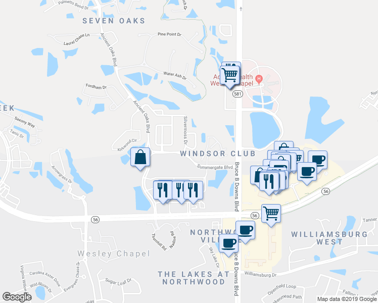 map of restaurants, bars, coffee shops, grocery stores, and more near 2312 Spring Hollow Loop in Wesley Chapel
