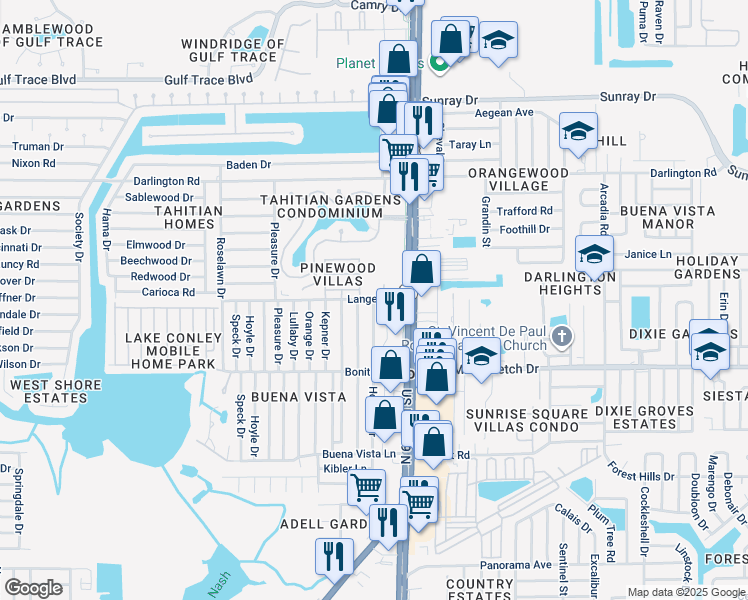 map of restaurants, bars, coffee shops, grocery stores, and more near 2500 Holiday Drive in Holiday