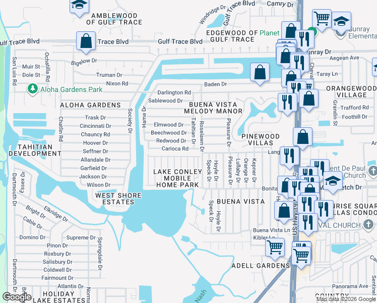 map of restaurants, bars, coffee shops, grocery stores, and more near 3923 Carioca Road in Holiday