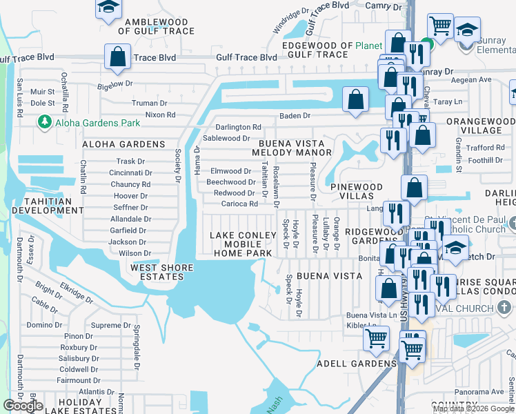 map of restaurants, bars, coffee shops, grocery stores, and more near 3914 Carioca Road in Holiday