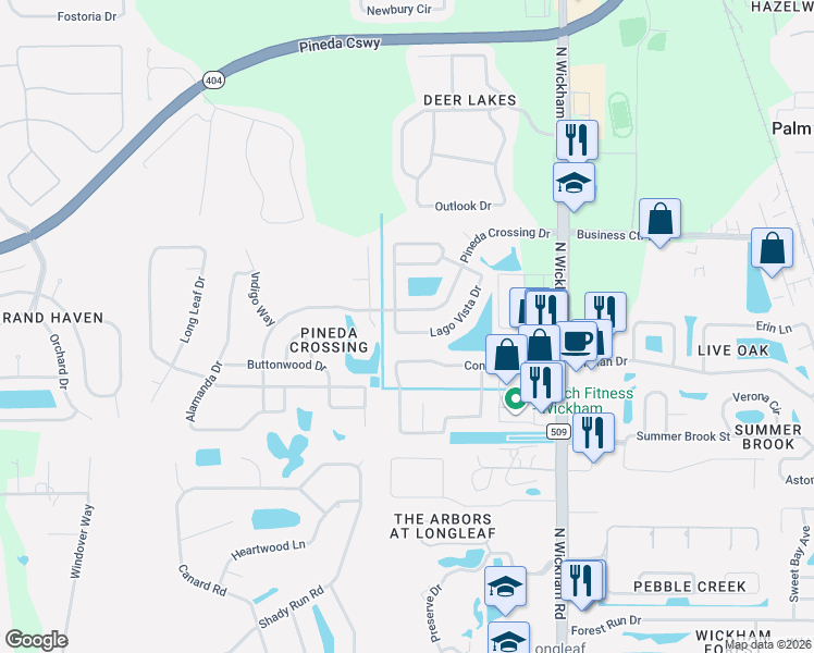 map of restaurants, bars, coffee shops, grocery stores, and more near 3071 Pineda Crossing Drive in Melbourne