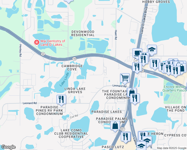 map of restaurants, bars, coffee shops, grocery stores, and more near 2231 Sofia Drive in Lutz
