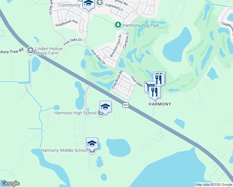 map of restaurants, bars, coffee shops, grocery stores, and more near 3541 Clay Brick Road in Osceola County
