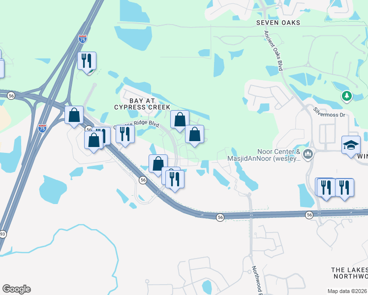 map of restaurants, bars, coffee shops, grocery stores, and more near 2329 Crestover Lane in Wesley Chapel
