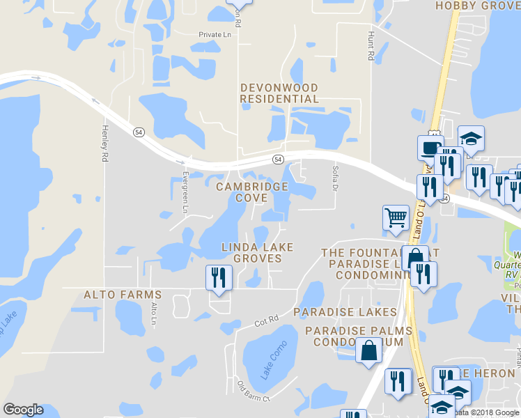 map of restaurants, bars, coffee shops, grocery stores, and more near 2302 Brenthaven Crossing Court in Lutz