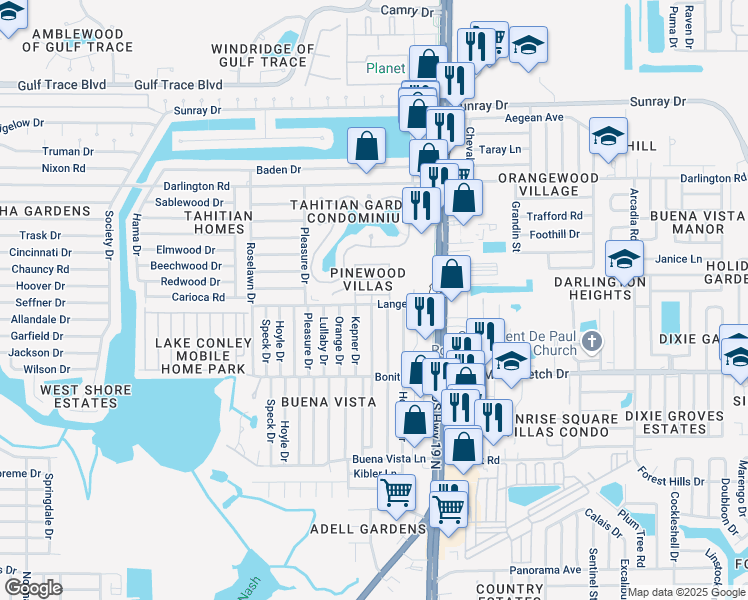 map of restaurants, bars, coffee shops, grocery stores, and more near 4314 Cedar Grove Street in Holiday