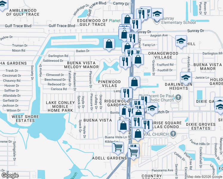 map of restaurants, bars, coffee shops, grocery stores, and more near 4314 Cedar Grove Street in Holiday