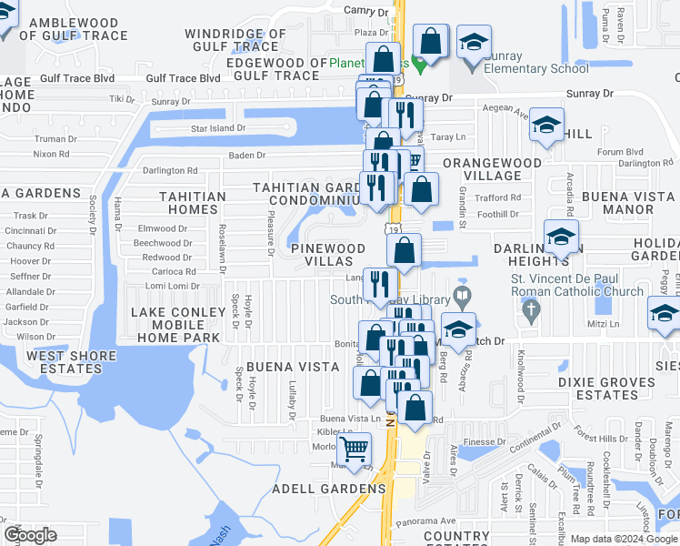 map of restaurants, bars, coffee shops, grocery stores, and more near 4320 Cedar Grove Street in Holiday