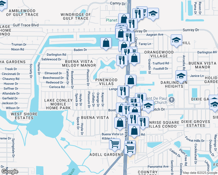 map of restaurants, bars, coffee shops, grocery stores, and more near 4307 Cedar Grove Street in Holiday