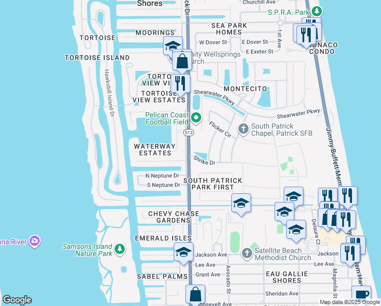 map of restaurants, bars, coffee shops, grocery stores, and more near 1034 Laughing Gull Lane in Satellite Beach