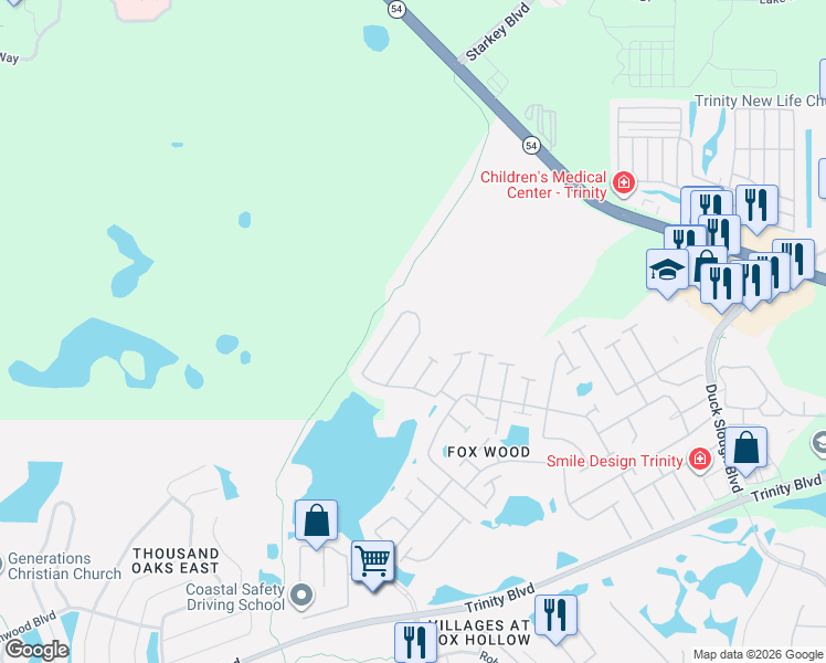 map of restaurants, bars, coffee shops, grocery stores, and more near 2151 Edelweiss Loop in Trinity