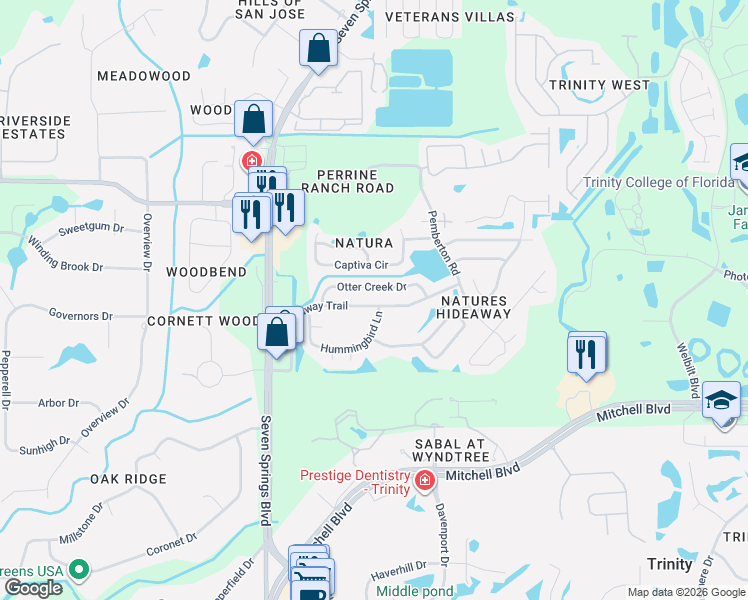 map of restaurants, bars, coffee shops, grocery stores, and more near 7216 Otter Creek Drive in New Port Richey