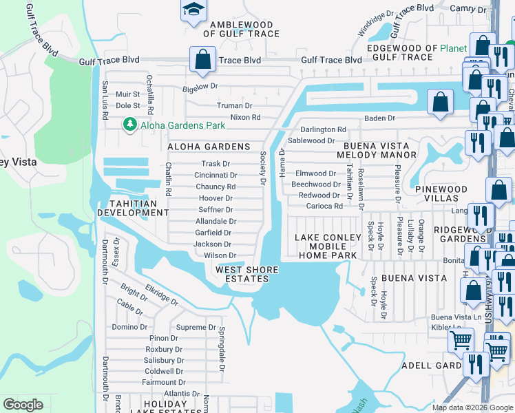 map of restaurants, bars, coffee shops, grocery stores, and more near 3542 Hoover Drive in Holiday