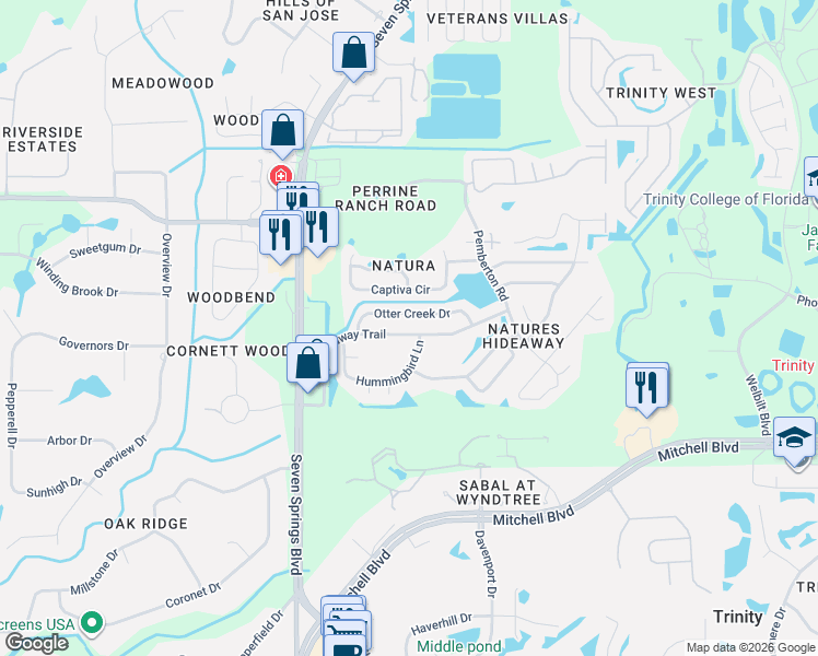 map of restaurants, bars, coffee shops, grocery stores, and more near 7221 Hideaway Trail in New Port Richey