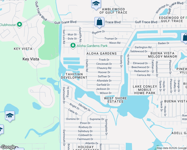 map of restaurants, bars, coffee shops, grocery stores, and more near 3302 Hoover Drive in Holiday