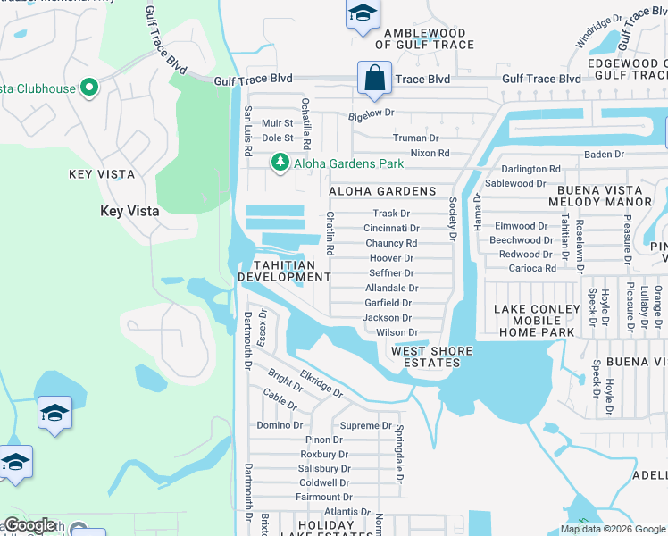map of restaurants, bars, coffee shops, grocery stores, and more near 3302 Hoover Drive in Holiday