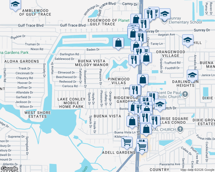 map of restaurants, bars, coffee shops, grocery stores, and more near 4325 Tahitian Gardens Circle in Holiday