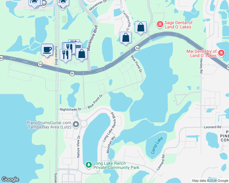 map of restaurants, bars, coffee shops, grocery stores, and more near 19350 Blue Pond Drive in Lutz