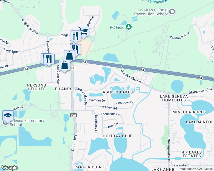 map of restaurants, bars, coffee shops, grocery stores, and more near Vanderbilt Road in Odessa