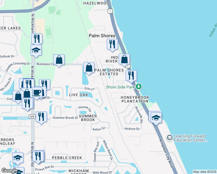 map of restaurants, bars, coffee shops, grocery stores, and more near 121 Palm Circle in Melbourne