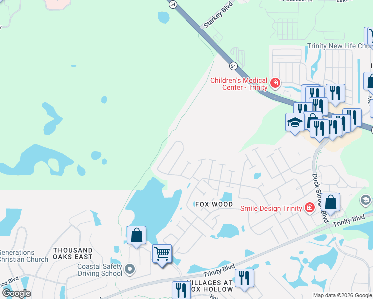 map of restaurants, bars, coffee shops, grocery stores, and more near 2151 Edelweiss Loop in Trinity