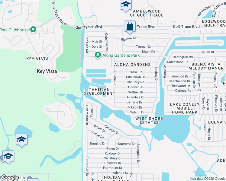 map of restaurants, bars, coffee shops, grocery stores, and more near 2211 Harrison Drive in Holiday
