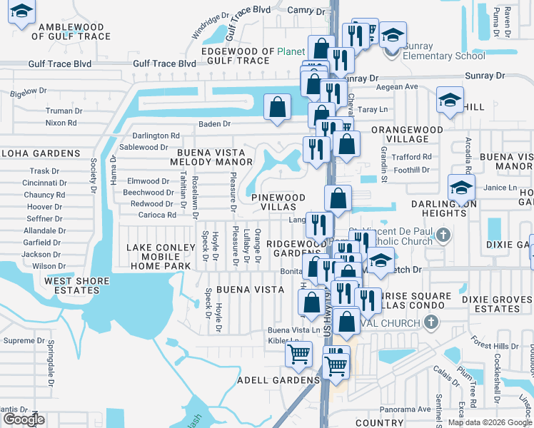 map of restaurants, bars, coffee shops, grocery stores, and more near 4325 Tahitian Gardens Circle in Holiday