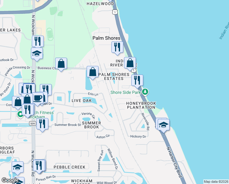 map of restaurants, bars, coffee shops, grocery stores, and more near 121 Palm Circle in Melbourne