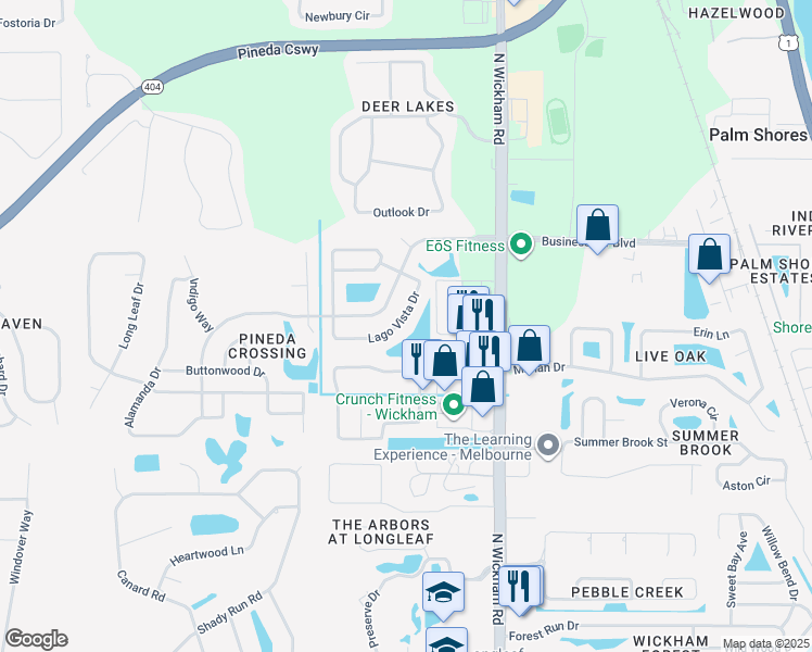 map of restaurants, bars, coffee shops, grocery stores, and more near 3169 Lago Vista Drive in Melbourne