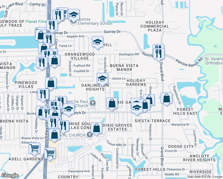 map of restaurants, bars, coffee shops, grocery stores, and more near 5028 Victoria Lane in Holiday