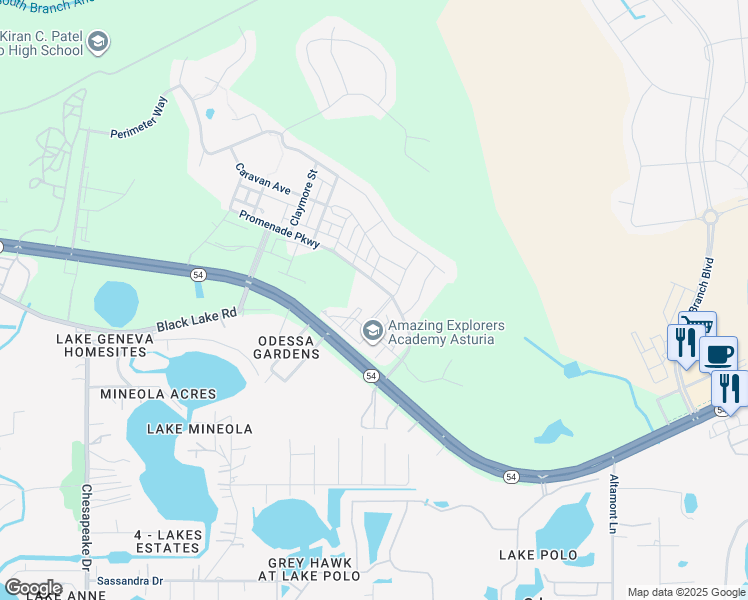 map of restaurants, bars, coffee shops, grocery stores, and more near 2200 Caboose Lane in Odessa