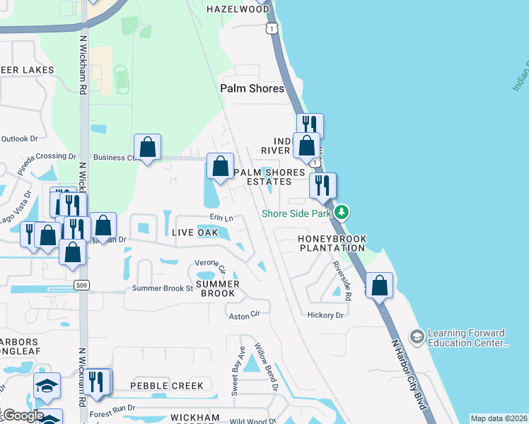 map of restaurants, bars, coffee shops, grocery stores, and more near 121 Palm Circle in Melbourne