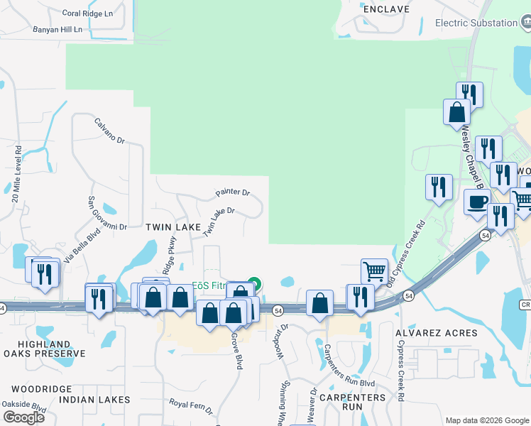 map of restaurants, bars, coffee shops, grocery stores, and more near 24449 Painter Drive in Land O' Lakes