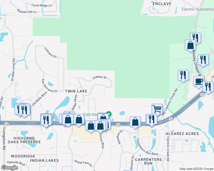 map of restaurants, bars, coffee shops, grocery stores, and more near 24359 Twin Lake Drive in Land O' Lakes