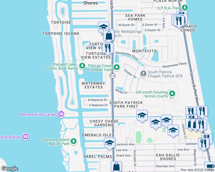 map of restaurants, bars, coffee shops, grocery stores, and more near 331 South Lakeside Drive in Satellite Beach