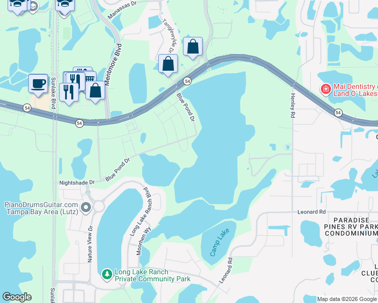 map of restaurants, bars, coffee shops, grocery stores, and more near 2326 Village Amble Loop in Lutz