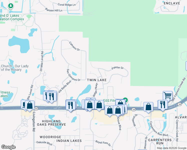map of restaurants, bars, coffee shops, grocery stores, and more near 2347 Foggy Ridge Parkway in Land O' Lakes