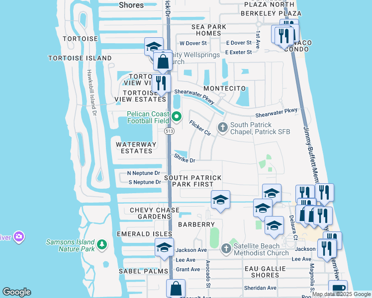 map of restaurants, bars, coffee shops, grocery stores, and more near 1034 Laughing Gull Lane in Satellite Beach