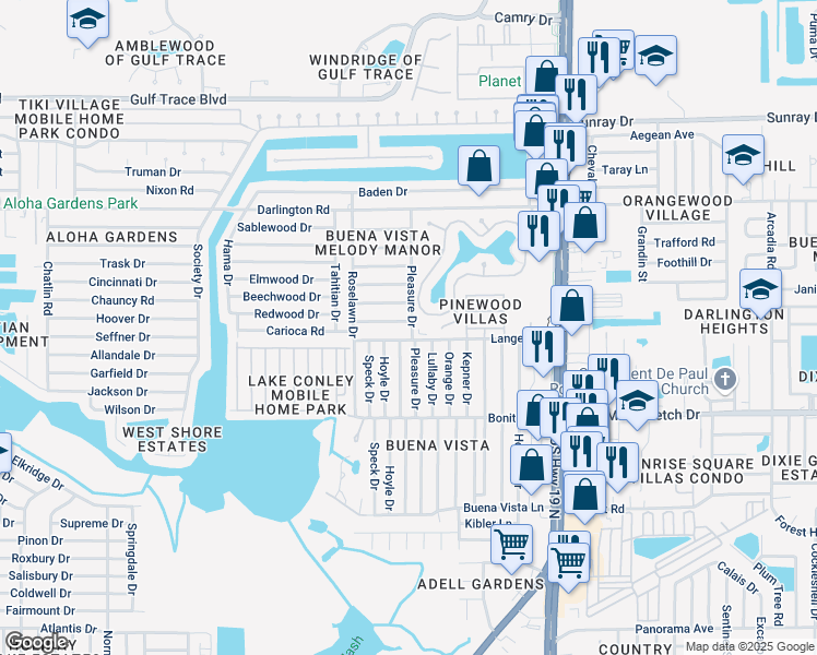 map of restaurants, bars, coffee shops, grocery stores, and more near 4116 Reggie Drive in Holiday