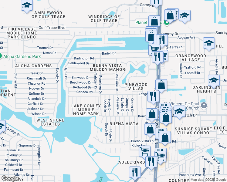 map of restaurants, bars, coffee shops, grocery stores, and more near 4116 Reggie Drive in Holiday