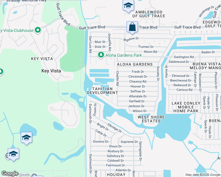 map of restaurants, bars, coffee shops, grocery stores, and more near 2211 Harrison Drive in Holiday