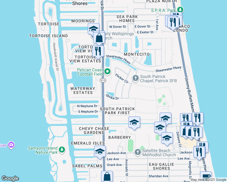 map of restaurants, bars, coffee shops, grocery stores, and more near 1034 Laughing Gull Lane in Satellite Beach