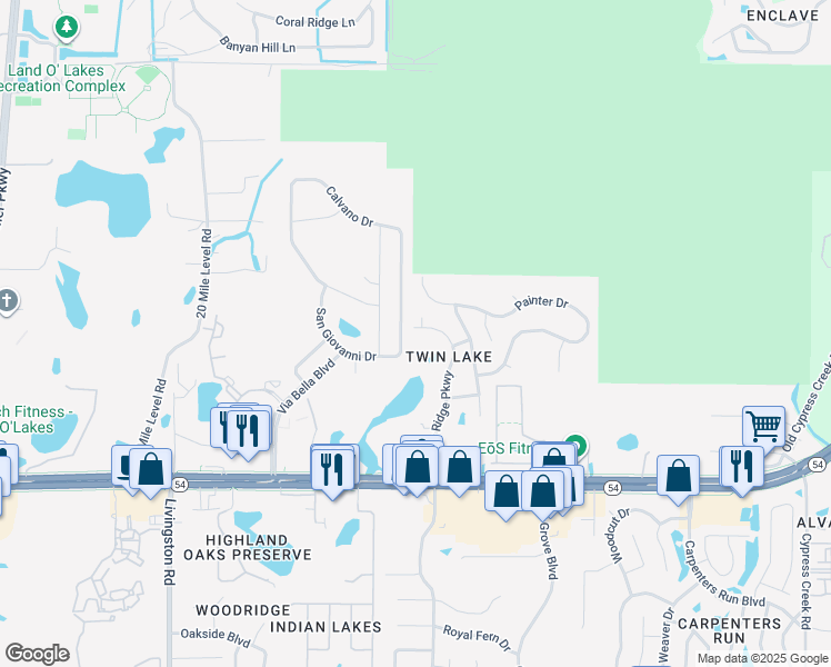 map of restaurants, bars, coffee shops, grocery stores, and more near 3244 Calvano Drive in Land O' Lakes