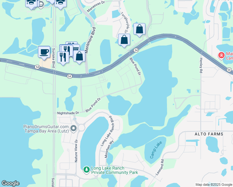 map of restaurants, bars, coffee shops, grocery stores, and more near 19382 Blue Pond Drive in Lutz