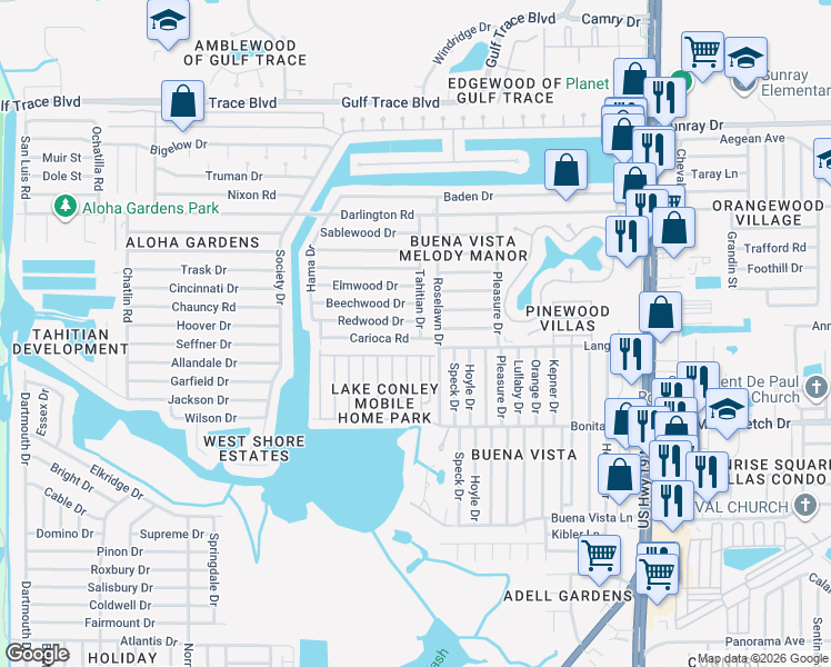 map of restaurants, bars, coffee shops, grocery stores, and more near 3923 Carioca Road in Holiday