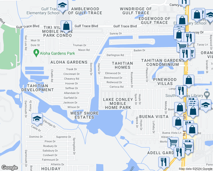 map of restaurants, bars, coffee shops, grocery stores, and more near 3737 Carioca Road in Holiday