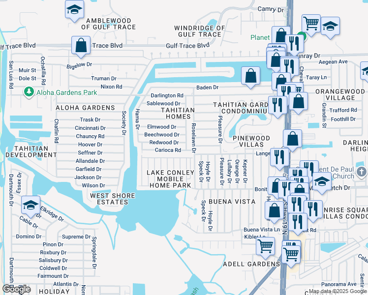 map of restaurants, bars, coffee shops, grocery stores, and more near 3923 Carioca Road in Holiday