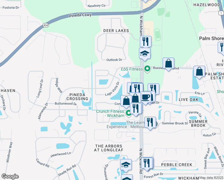 map of restaurants, bars, coffee shops, grocery stores, and more near 3169 Lago Vista Drive in Melbourne