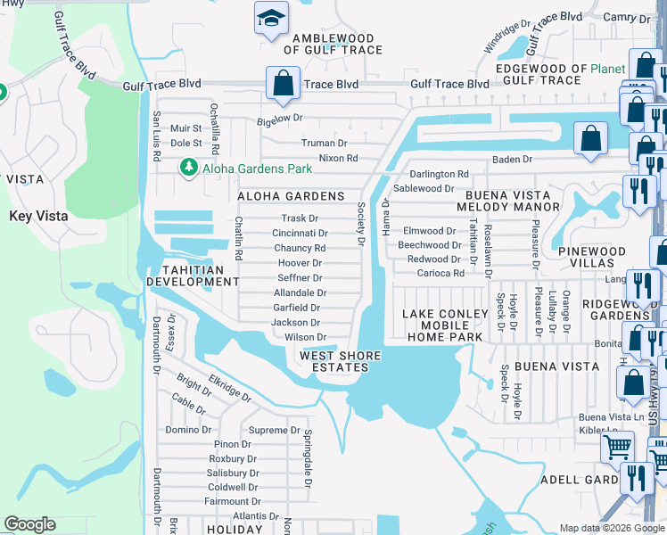 map of restaurants, bars, coffee shops, grocery stores, and more near 3524 Hoover Drive in Holiday